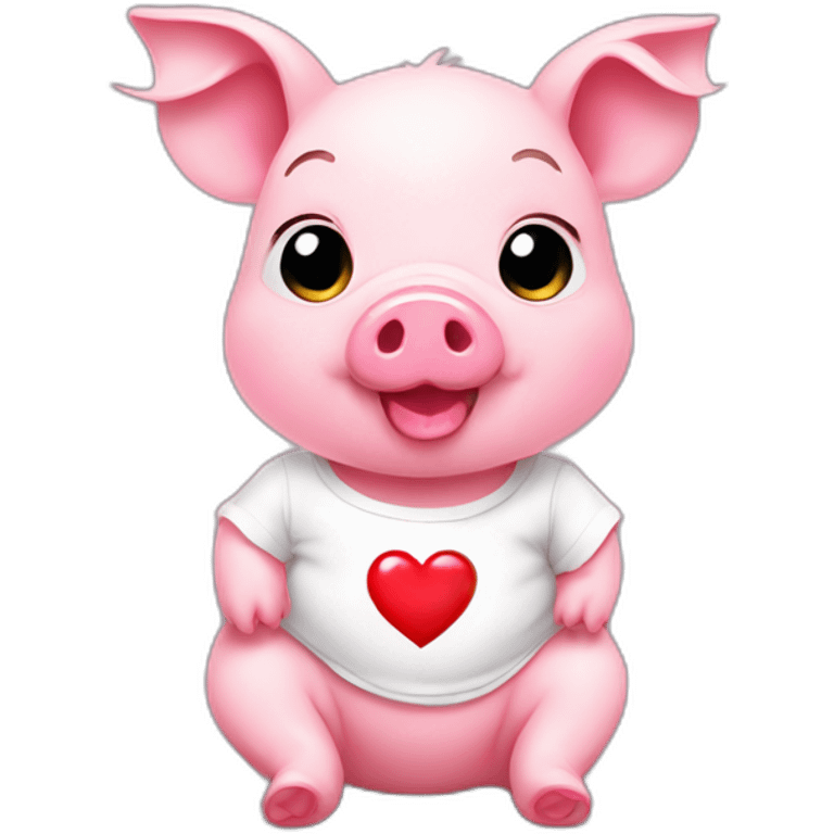 A pink baby pig with a white t-shirt on which there is a red heart, emoji