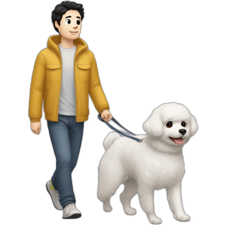 a 32-year-old man with pale skin and black hair going for a walk with a female 9-year-old Bichón Frisé dog. There shouldn't be a third person in the image, emoji