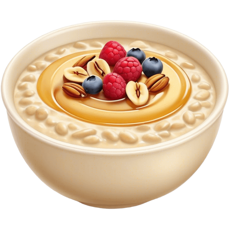 Cinematic creamy oatmeal, smooth texture with a swirl of honey on top, garnished with fresh berries and nuts, warm and comforting, cozy golden tones, rich and delicious. emoji