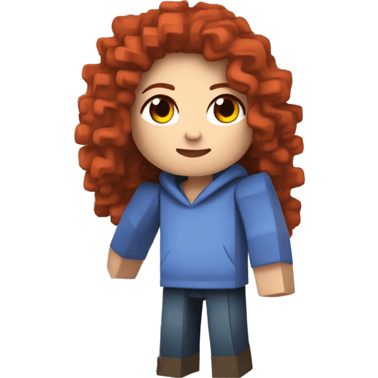 a white girl with long red curly hair, wearing periwinkle Minecraft hoodie playing a videogame emoji