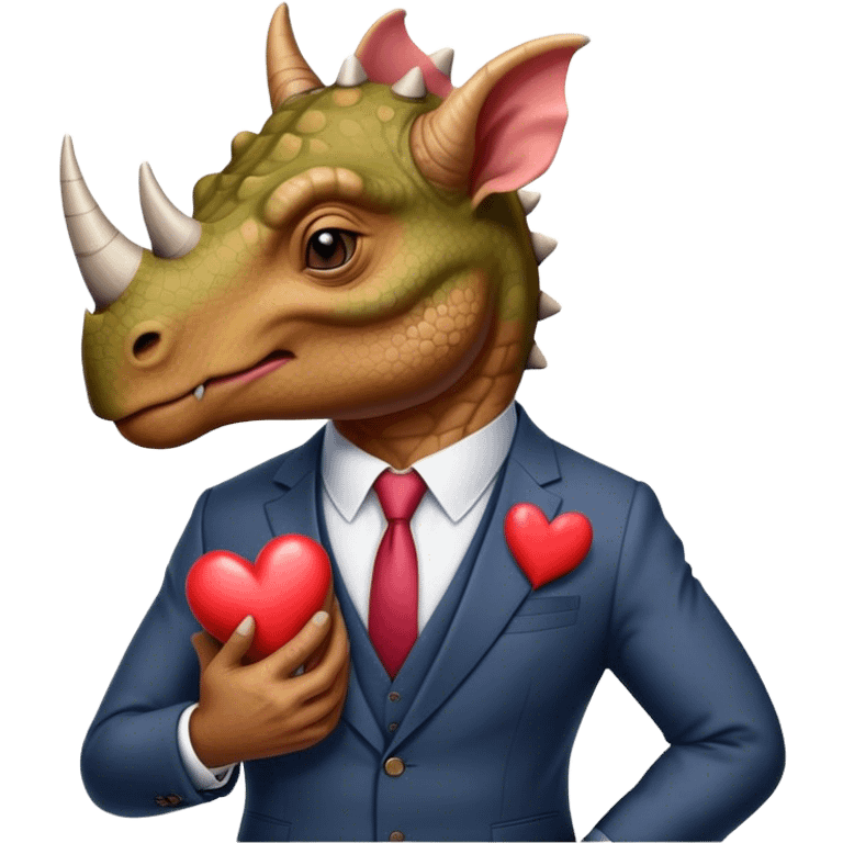 old triceratops in a suit holding a big heart emoji