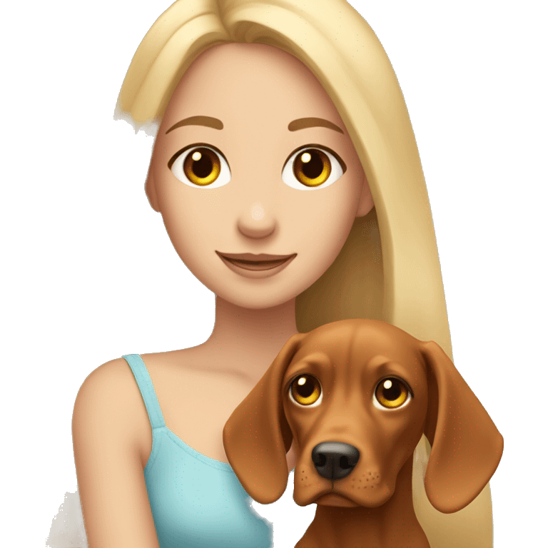 Pretty girl with long blonde hair holding cute vizsla dog emoji