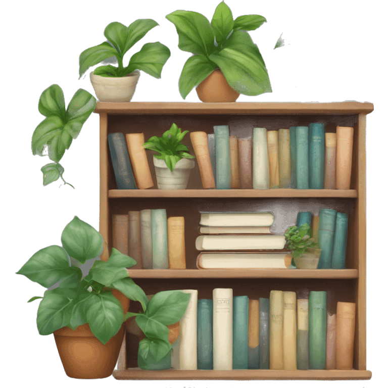 A cute book shelf with a potted pothos plant, and some cute others plants and a pile of books emoji