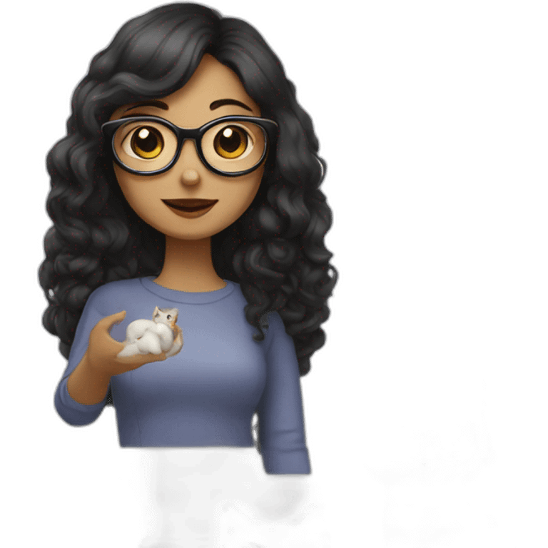 a dark haired woman with silver square glasses playing with cats emoji