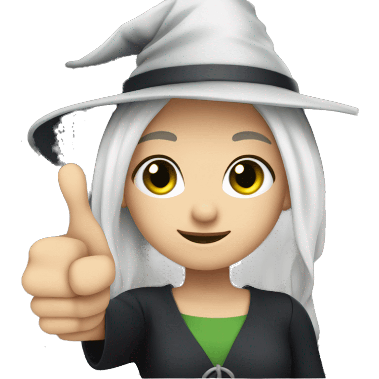 Young witch with white hair and cap, white skin, green eyes, thumbs up   emoji