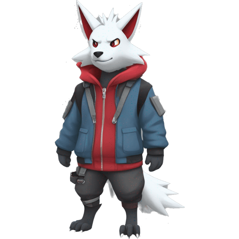 Cool Edgy Zoroark-Zangoose with a collar and hoodie-sweater and harness on, full body emoji