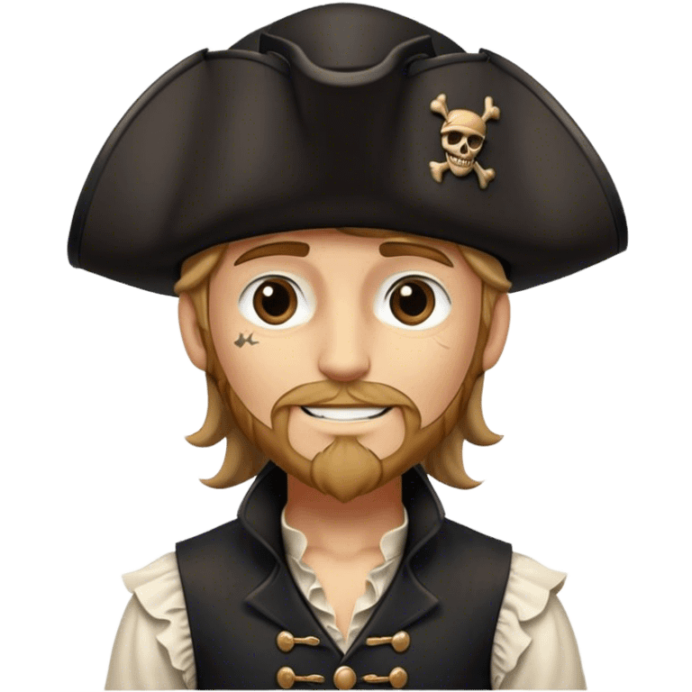 A kindhearted pirate in a black ruffled shirt, black waistcoat, and an ornate black hat, his friendly gaze welcoming emoji