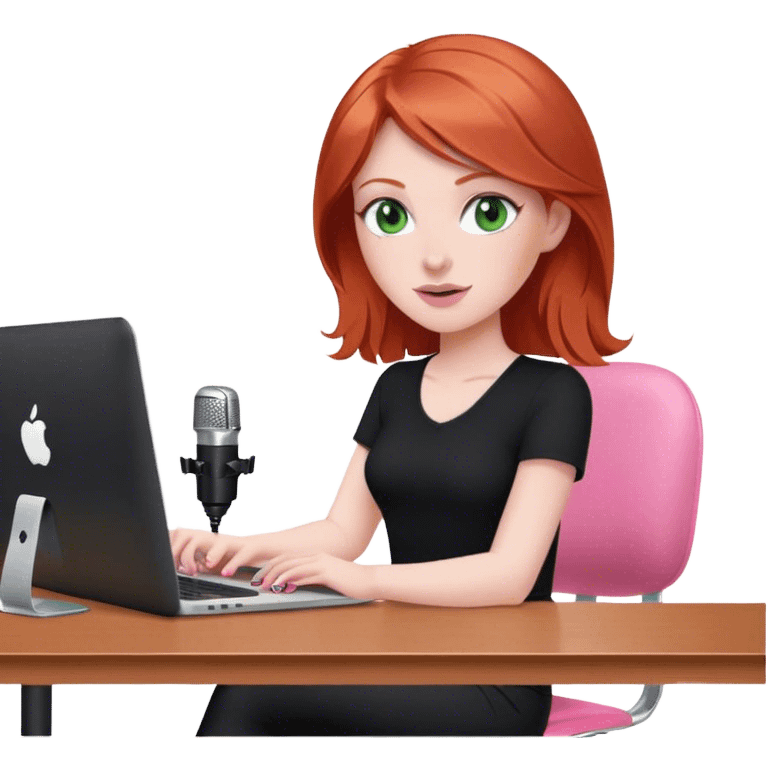 Redhead with green eyes sat at desk with pink MacBook and  podcast microphone black top and pink chair  emoji