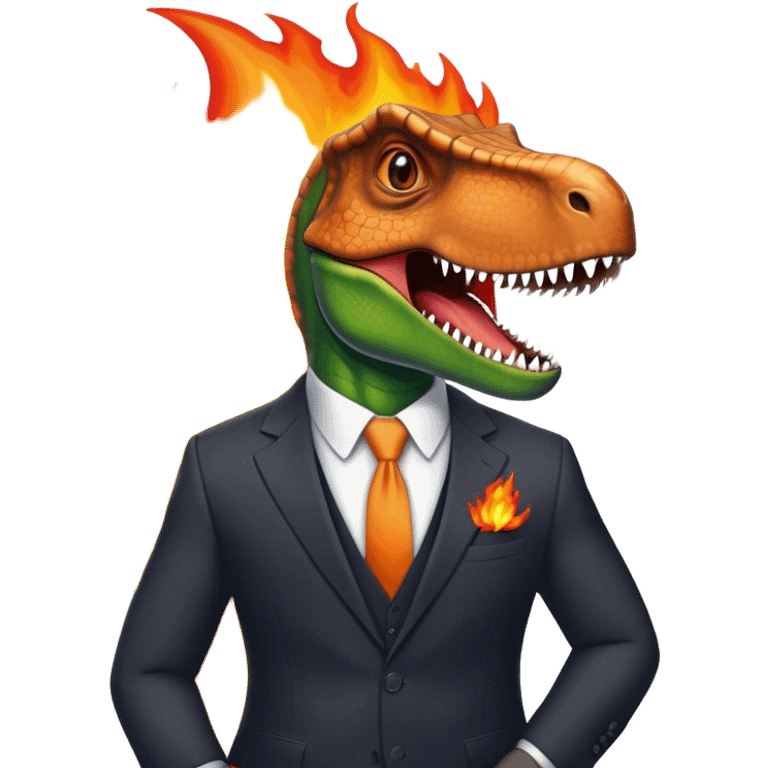 office dinosaur in a suit on a fire emoji