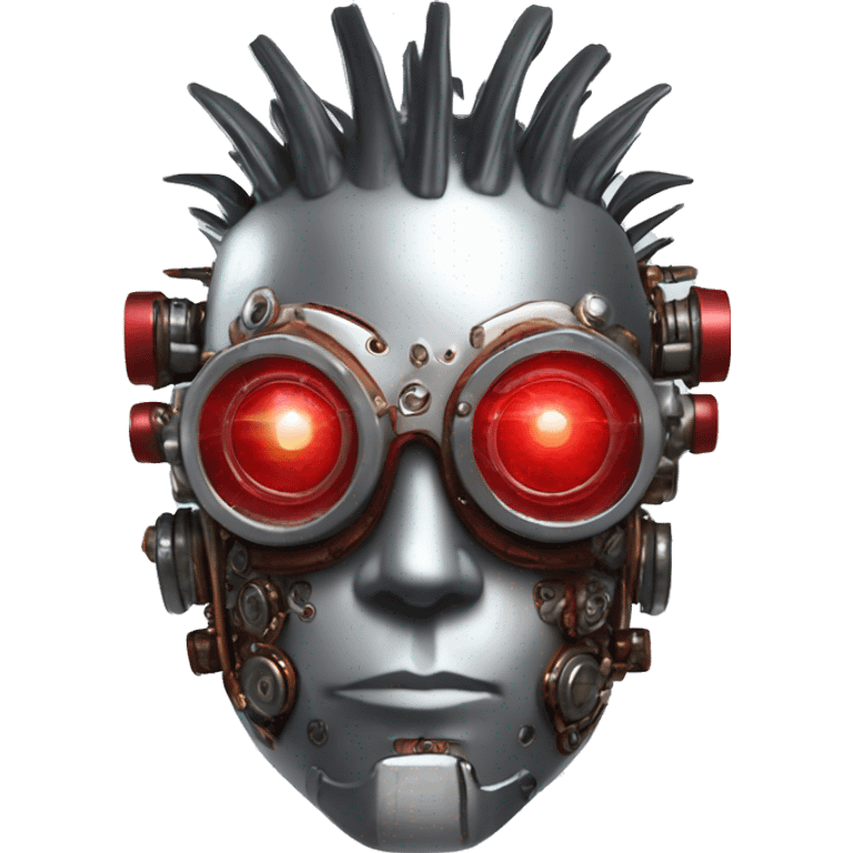 Silver mohawk cyborg head with red steampunk goggles, goatee and circuits emoji