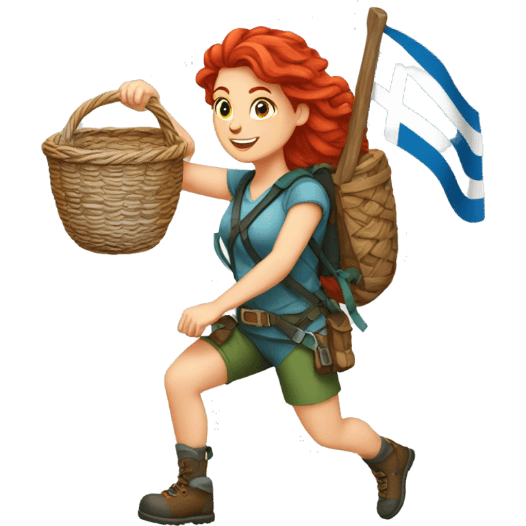 Female mountaineer red hair climbing with Easter eggsbasket and Greek flag emoji