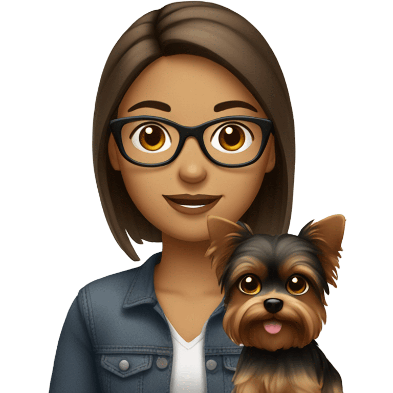 Hispanic, straight Brown hair, girl with glasses holding tan yorkie dog emoji