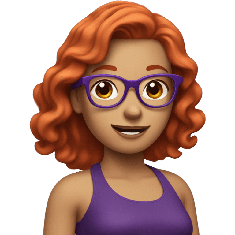 Redheaded girl with glasses and a purple halter top waving emoji