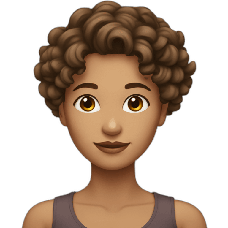 Woman with curly & wavy brown hair, tinted skin color, brown eyes, Aruban / Dutch mixed, dimples emoji