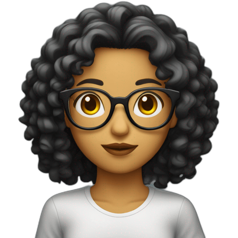 Chica de pelo rizado oscuro con gafas emoji