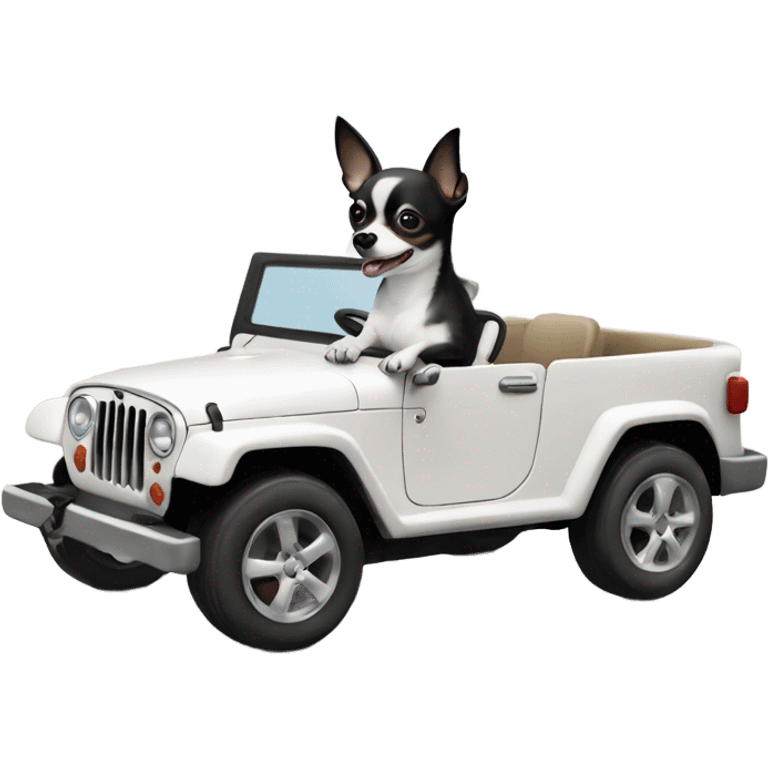 Black and white chihuahua driving a white jeep emoji