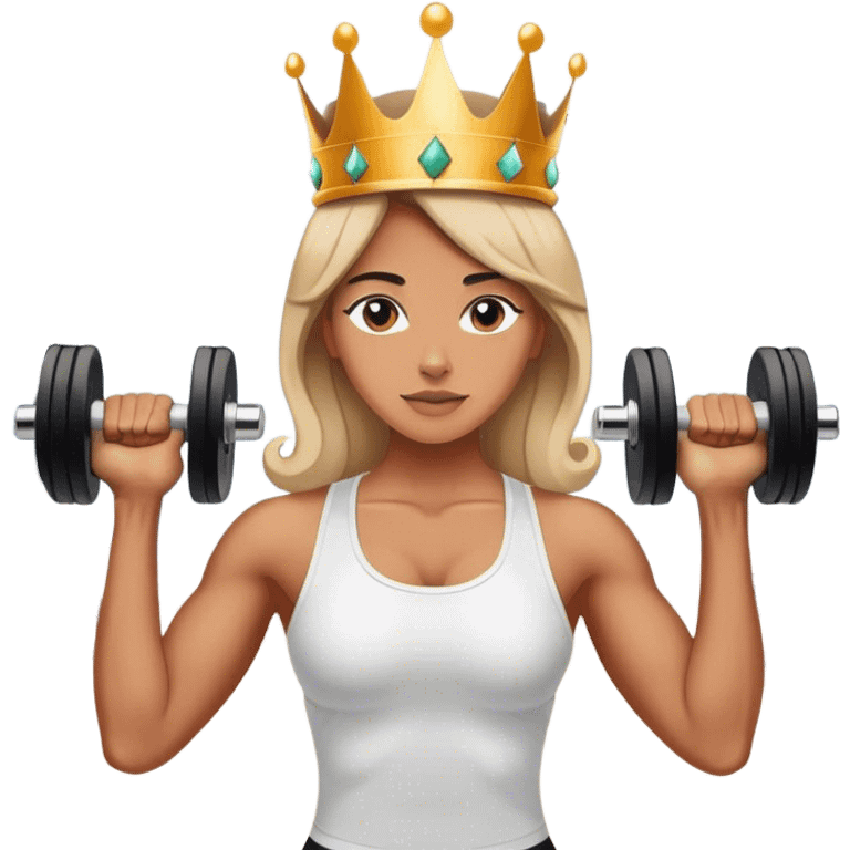 A woman wearing a crown stands in the center of the gym, lifting a dumbbell. emoji