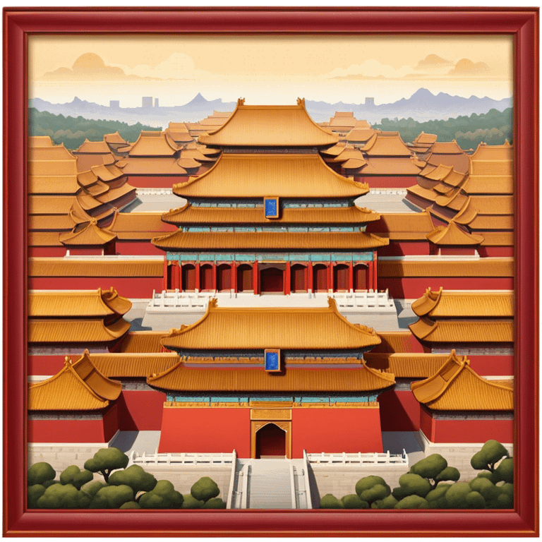 Cinematic Realistic Forbidden City Landmark Emoji, depicting grand imperial architecture with golden rooftops, vast courtyards, and intricate wooden carvings, all surrounded by towering red walls. emoji