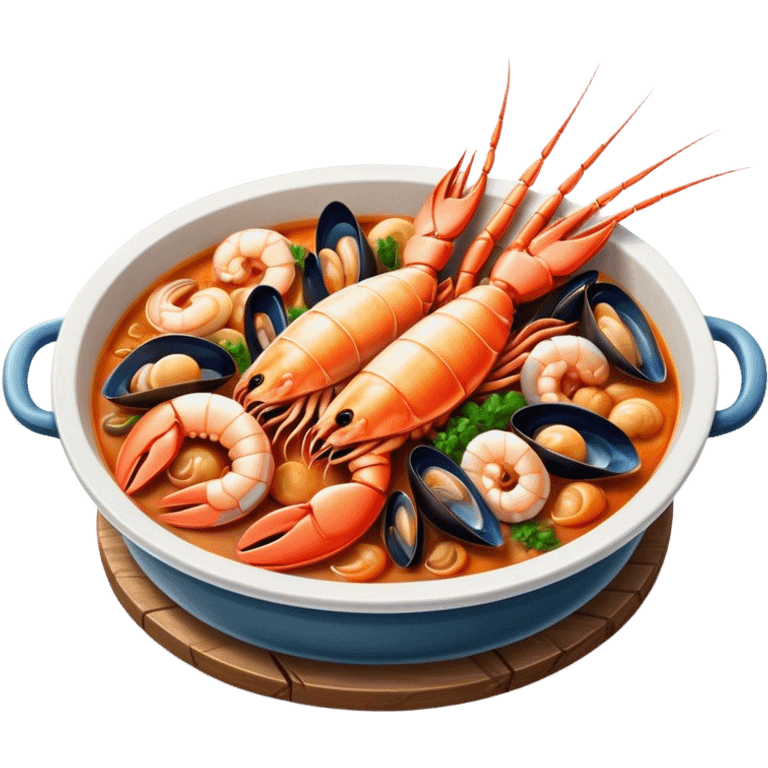 Cinematic Realistic Buzara Seafood Dish Emoji, depicted as a rustic, flavorful seafood stew with shellfish rendered with rich textures and dynamic, maritime lighting. emoji