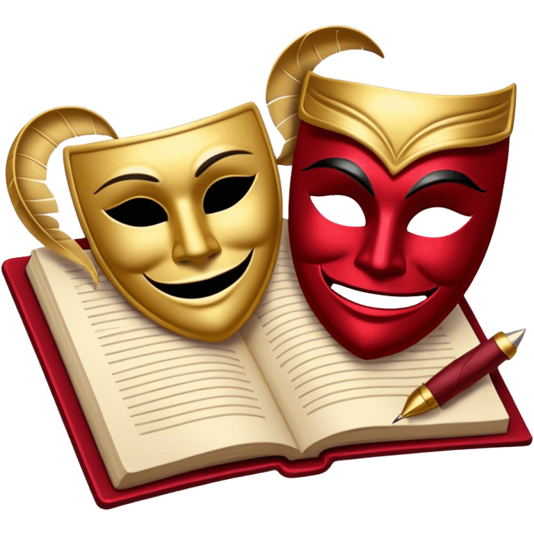 Create a bold and dramatic emoji representing the art of playwriting. The design should feature an open script or a theater playbook, with stylized text lines or dramatic dialogue inside. Include elements like a theatrical comedy and tragedy masks, a stage spotlight, or a quill to symbolize creativity and performance. Use deep, contrasting colors like red, black, and gold to evoke the intensity and passion of drama. The overall design should feel dramatic, inspiring, and artistic. Make the background transparent. emoji