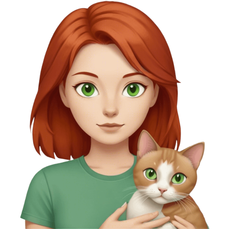 redhaired woman holding a siamese cat, greenish gray eyes, green t-shirt, layered hairstyle, 4k emoji