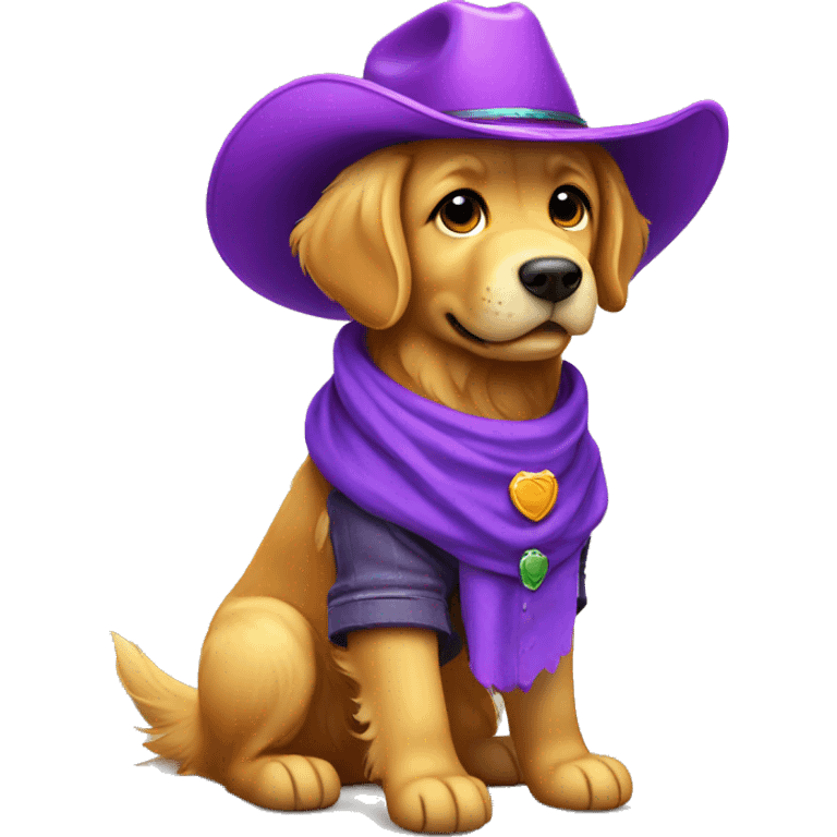 Golden retriever wearing purple cowboy hat and boots emoji