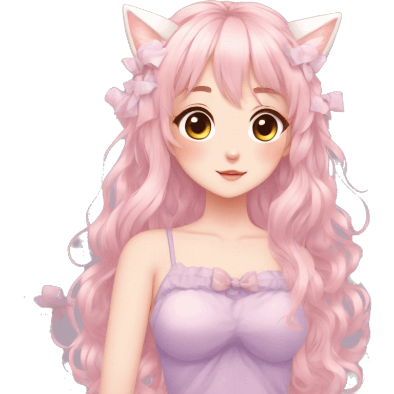 Gorgeous pastel anime girl with blushing face and hair garnitures and pretty hair and cat ears aesthetic trending style emoji