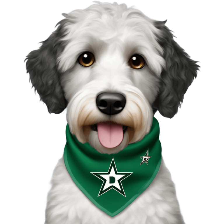 Aussiedoodle wearing a neck bandana with the NHL Dallas Stars hockey team logo emoji