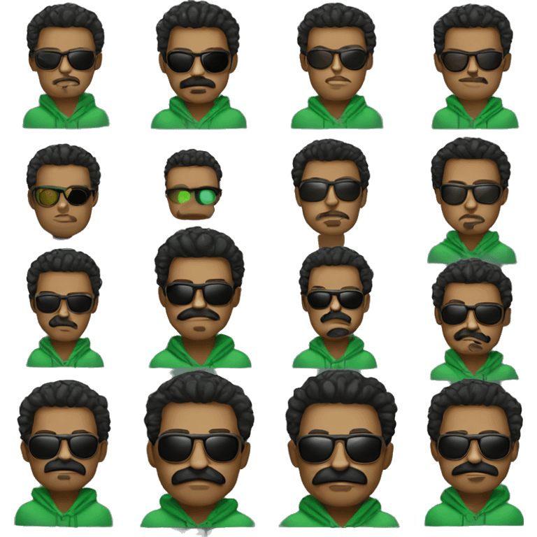 Man with thick mustache, black weavy hair, wearing sunglasses & a green hoodie.  emoji