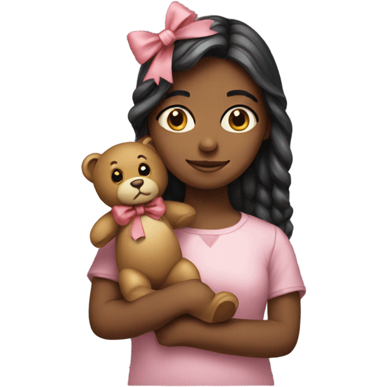 Girl holding teddy that has a bow emoji