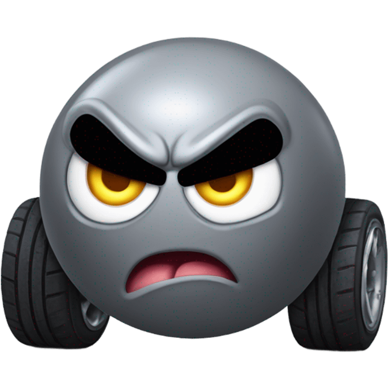 Metal cute mad Kirby Gray ball driving on 4 car wheels with mad eyebrows game emoji