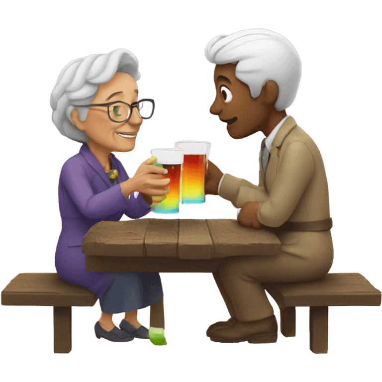 Man having a drink with old lady under a rainbow emoji