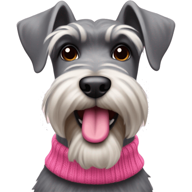 Schnauzer wearing a pink sweater with tongue sticking out emoji