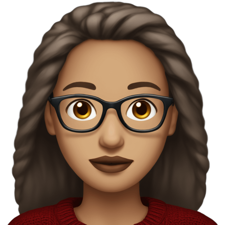 light skin, dark brown hair, blue eyes, long straight hair, girl wearing aesthetic dark red sweater, glasses, light colored lips emoji