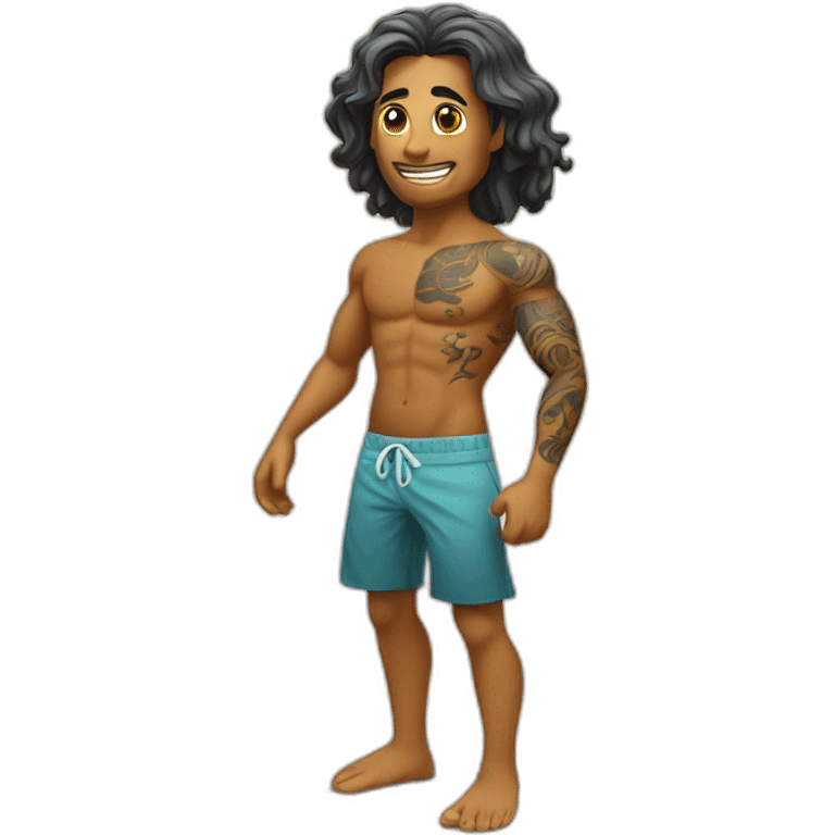 Un surfer tahitien avec les tatouages et debout sur sa  planche emoji