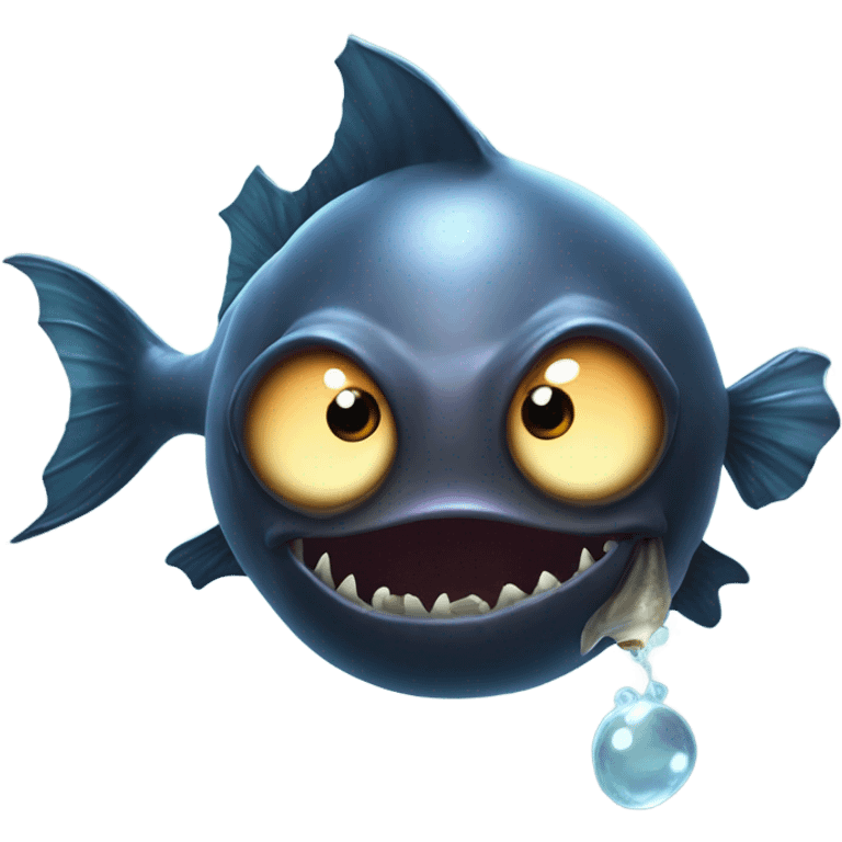 Anglerfish with a glowing lure hanging from its forehead, sharp teeth, and big eyes. emoji