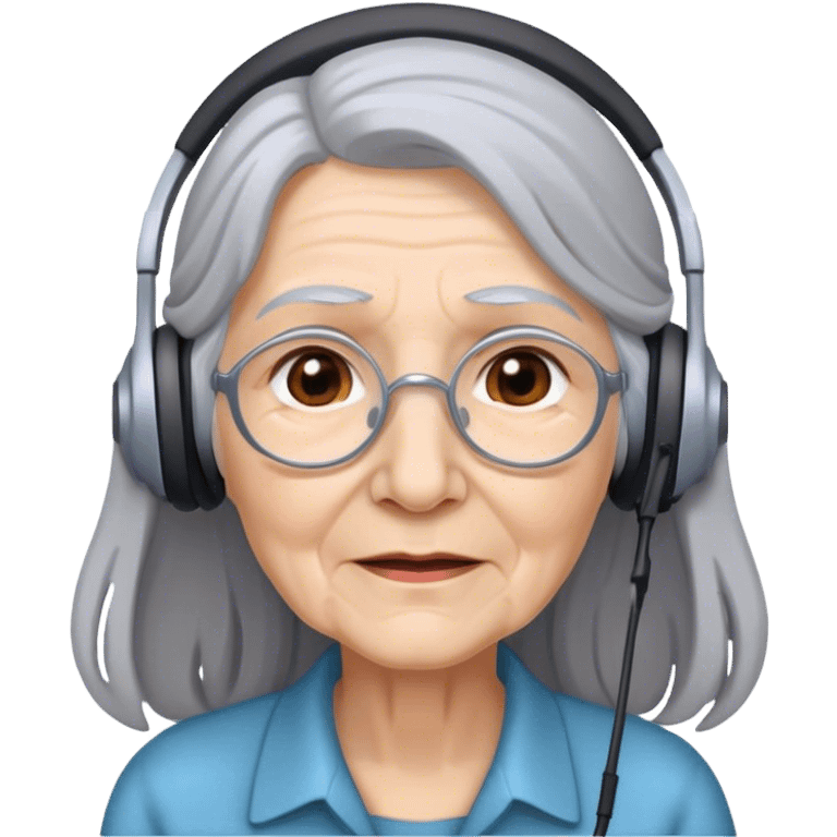 old woman with long gray hair wearing headsets emoji