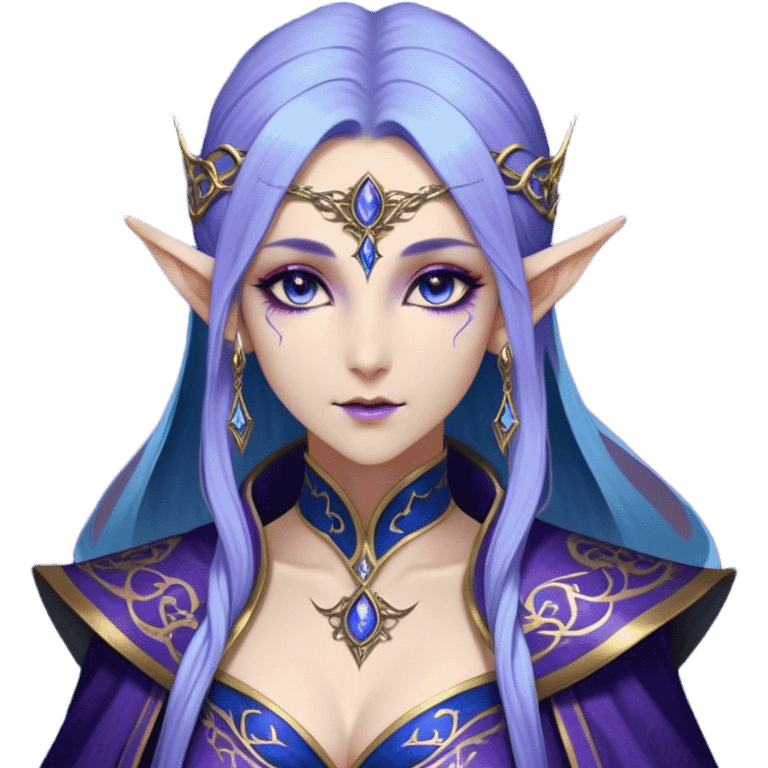 Cinematic Realistic WoW Elf Mage Portrait, depicted with ethereal, otherworldly beauty and refined arcane mastery. Clad in an intricately detailed robe in consistent deep blues and purples accented with shimmering gold filigree, her luminous, porcelain-like skin and delicate features evoke timeless elegance. Her piercing, mystical eyes radiate ancient wisdom, rendered with lifelike texture and subtle, magical lighting, high shine, noble and majestic, capturing the essence of a legendary elven sorceress. emoji