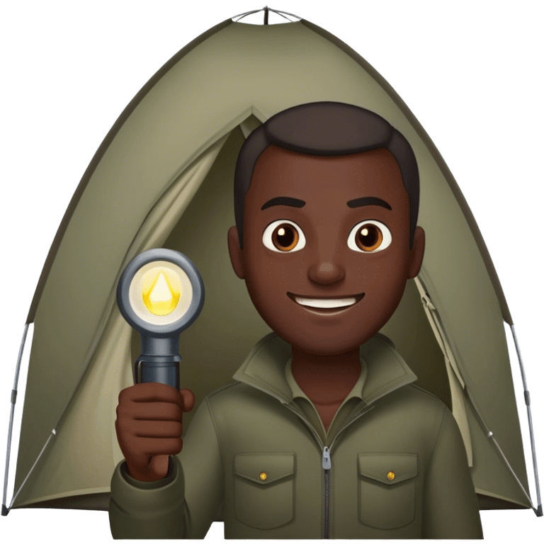 dark skinned man aiming flashlight at tent with evil smile on his face emoji