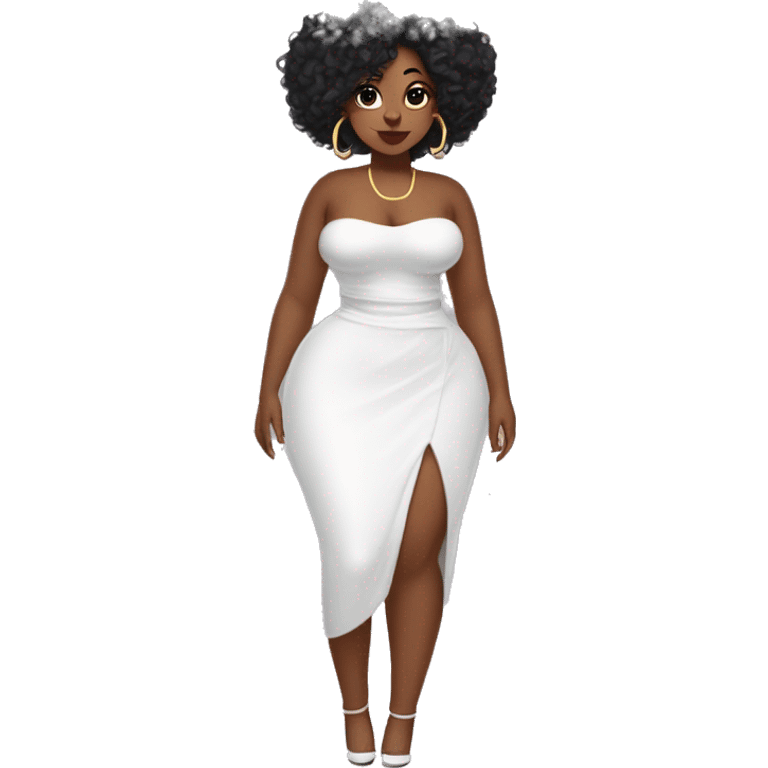 Black curvy woman with curly and a white tube top full body, naval piercing, dimples and lip gloss, hoop earrings, coquette bow emoji