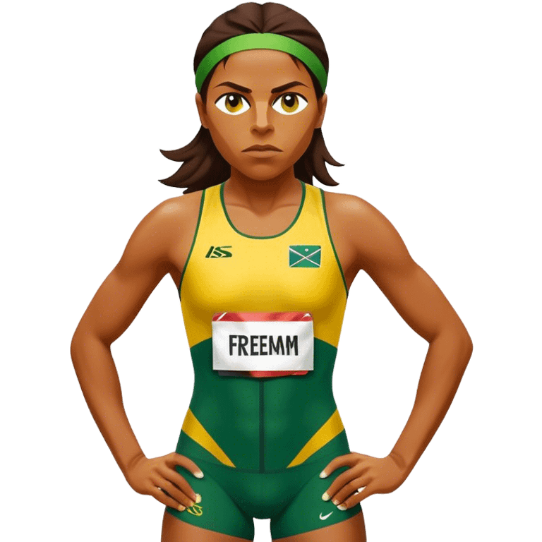 Cinematic Realistic portrait of Cathy Freeman, shown as an iconic Australian sprinter with a focused, determined expression and modern athletic yellow and green attire accented with subtle native motifs, rendered in dynamic, vibrant lighting emoji