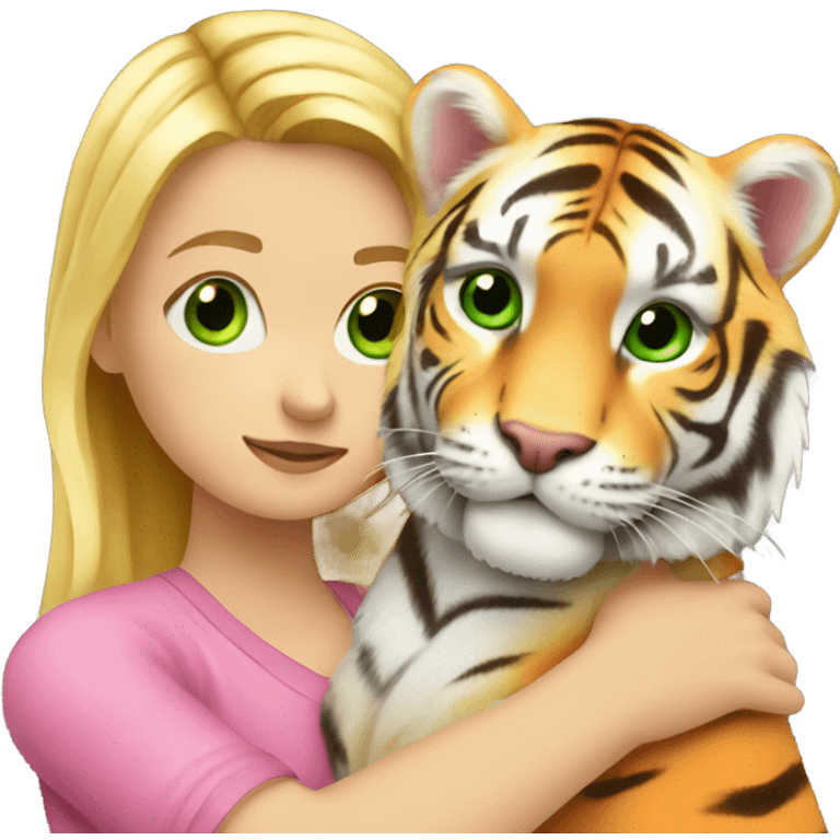 A blonde white girl with green eyes in pink hugs an orange tiger emoji