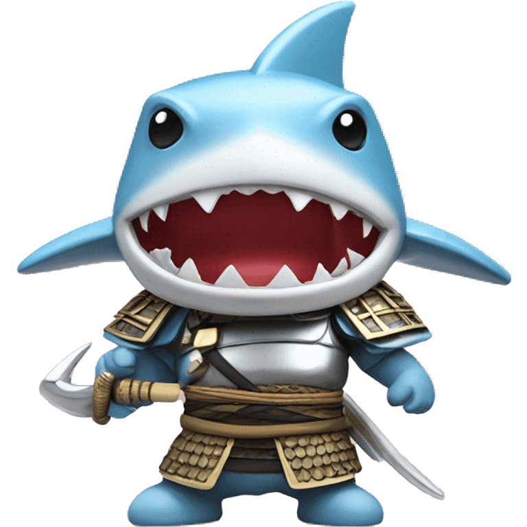 A 3D-style chrome figurine of a shark in a samurai outfit. emoji