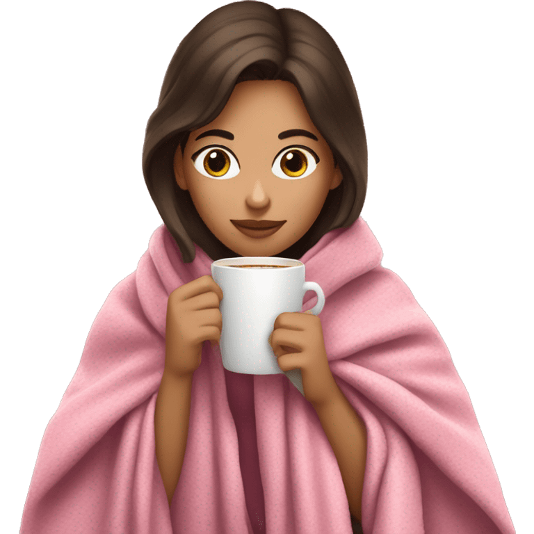 brunette girl in a pink blanket sipping coffee emoji