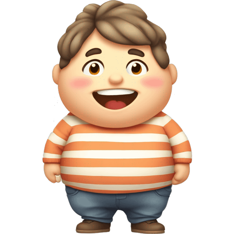 Chubby cartoon character, round belly, rosy cheeks, striped sweater, waddling, cheerful expression, warm colors, low angle view emoji