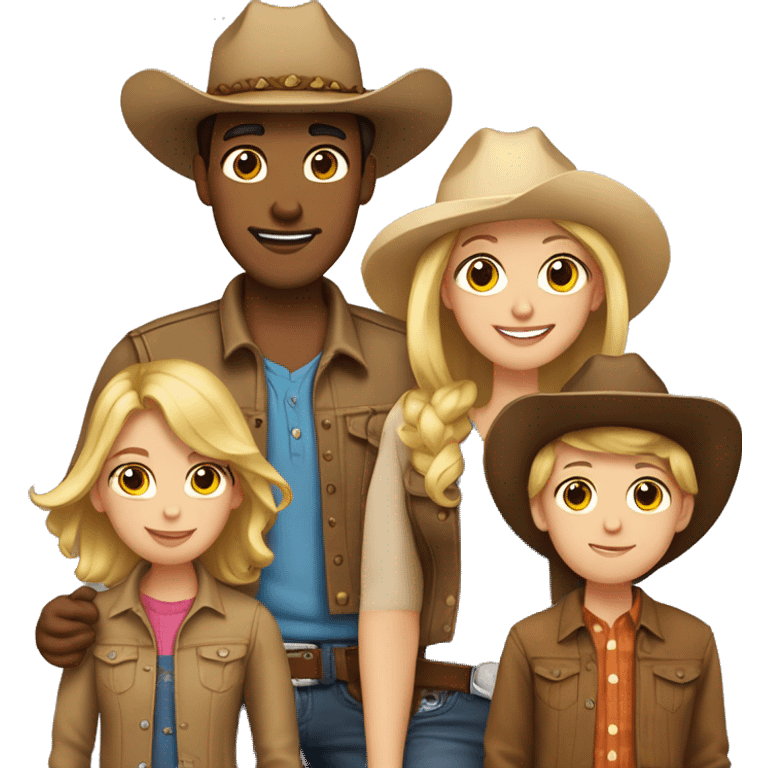 Family of five, all with cowgirl hats on, 2 blonde teenagers, 1 light brown haired mom, 1 little boy with brown hair and a brown hair dad emoji