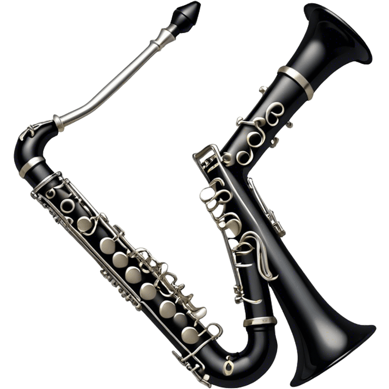 Create an elegant and detailed emoji representing a clarinet. The design should feature the sleek, black wood finish of the clarinet with its shiny metal keys clearly visible. Highlight the intricate details, such as the bell at the end and the carefully crafted mouthpiece with the reed. Use black wood tones for the body of the instrument and silver or brass accents for the keys. Add subtle musical notes or soundwaves floating around the instrument to evoke the smooth, melodic sound of the clarinet. The background should be transparent. emoji