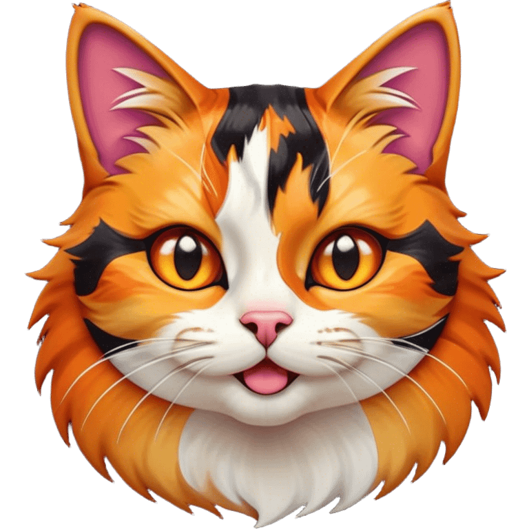 Cinematic Comical Calico Cat Portrait Emoji, Head tilted dramatically with an exaggeratedly surprised expression, showcasing a vibrant patchwork fur of orange, black, and white with wide, comically expressive eyes, simplified yet hilariously detailed, glowing with a sassy, golden radiance, high shine, exuding playful mischief and cheeky feline attitude, styled with a soft glowing outline, capturing the essence of a calico cat that looks ready to leap off the screen with mischievous flair! emoji