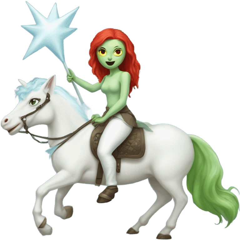 [
	{ woman: alien, color: light green, hair:red, eyes:cat} ]
	on a 
	[{ unicorn: white, legged:six, mane: light blue }] emoji