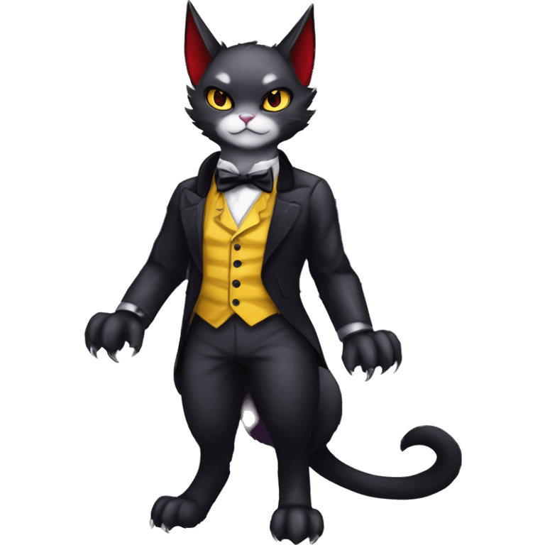 Cute-Evil-Vampiric-Batty-Cat-Black-Purple-Red-Grey-White-Yellow-Contrast-Colors-Fantasy-Fur-Sona-Chibi-Shiny-Fakémon-Hybrid with horns and big fangs neck bow tie leg spats full body emoji